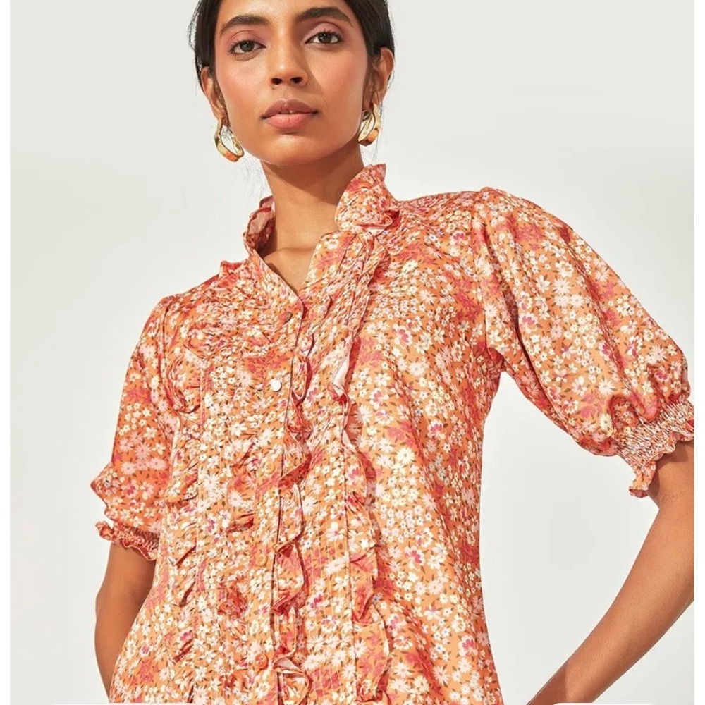 The‎ Label Life Orange Floral Ruffle Satin Blouse Puff Sleeve Button Up Medium